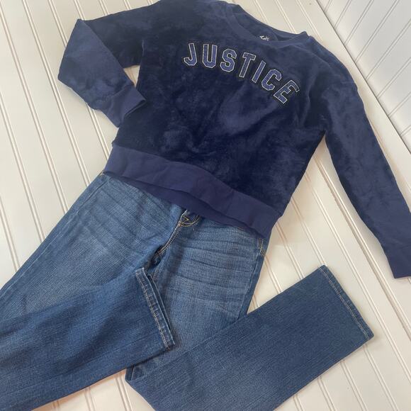 Justice Girls Blue Crew Neck Sweatshirt & Denim Jeans Bundle of 2 Size 10 YO - Picture 1 of 8